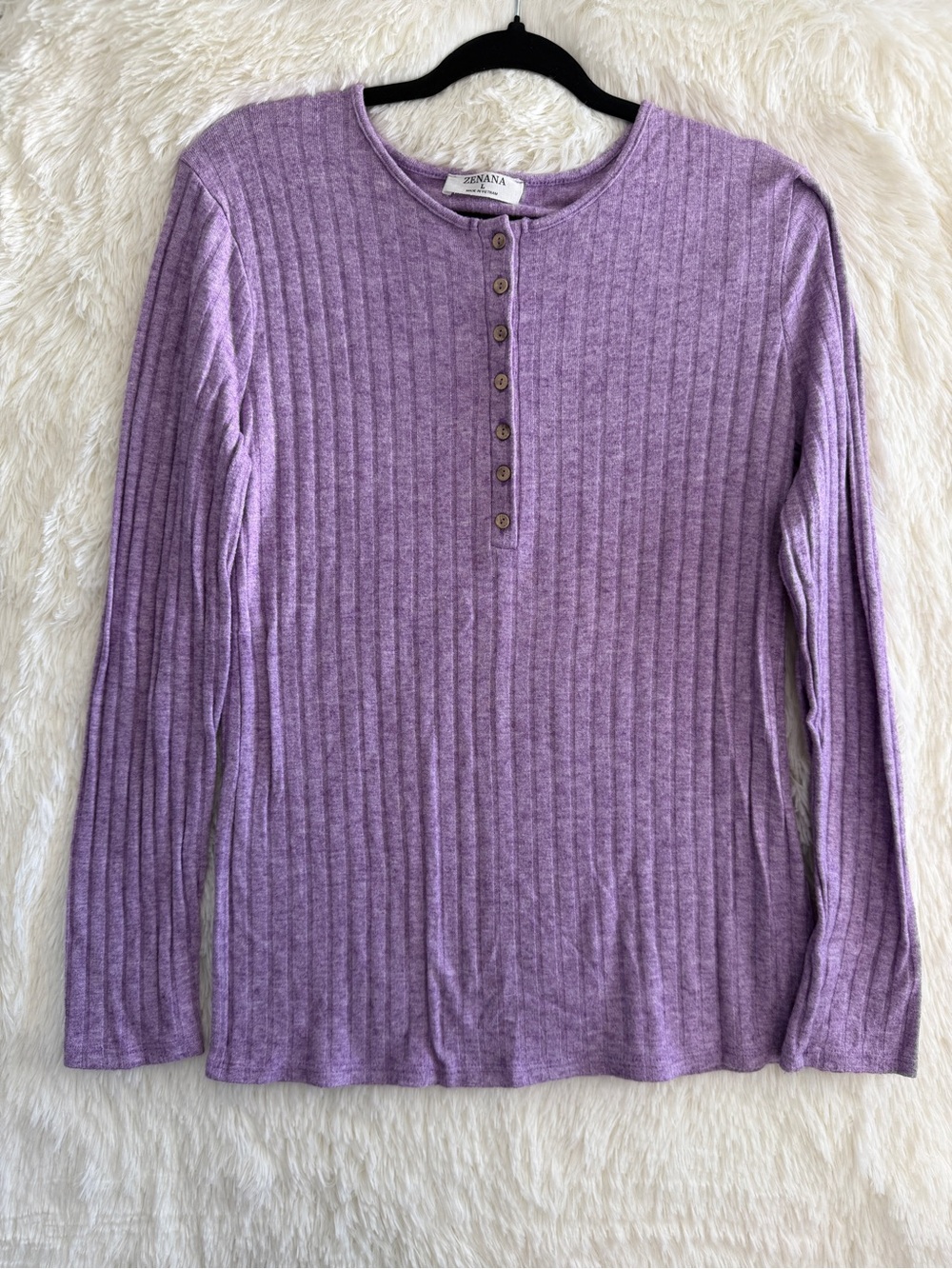 Zenana Womens Rib Knit Long Sleeve Henley Top Size L Purple Cozy Loungewear Soft